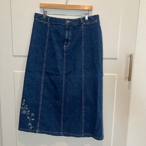 Sage Harbor Denim Skirt Womens Size 16 Blue Floral Embroidered Midi Jean Vintage